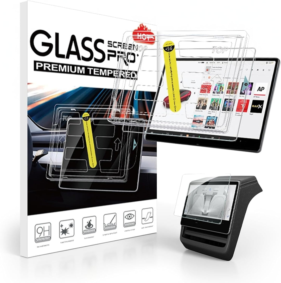 The image shows a box labeled "MobileTechnica Tesla Model Y Juniper 2025-2026 Tempered Glass Screen Protector Matte 2-pack" with icons for features like 9H hardness, anti-scratch, and eye protection, plus three clear protectors near a car touchscreen.
