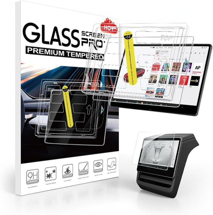 The image shows a box labeled "MobileTechnica Tesla Model Y Juniper 2025-2026 Tempered Glass Screen Protector Matte 2-pack" with icons for features like 9H hardness, anti-scratch, and eye protection, plus three clear protectors near a car touchscreen.