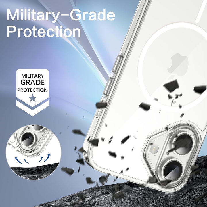 The MobileTechnica iPhone 16 Clear Case Ultra thin protects a phone, with black debris flying to show “Military-Grade Protection.” An inset highlights camera lens protection, and a badge icon appears on the left.