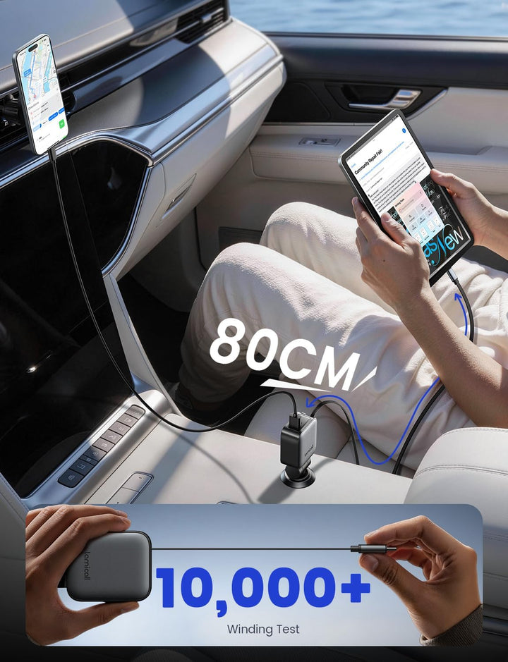 Lamicall 4 in1 Retractable Car Charger, 75W [Upgrade-Compact] Car Phone Charger Cigarette Lighter Adapter Fast Charging with 80cm Type-C/Lightning Cable for iPhone 17 Pro Max Air/16/15, Galaxy, Pixel