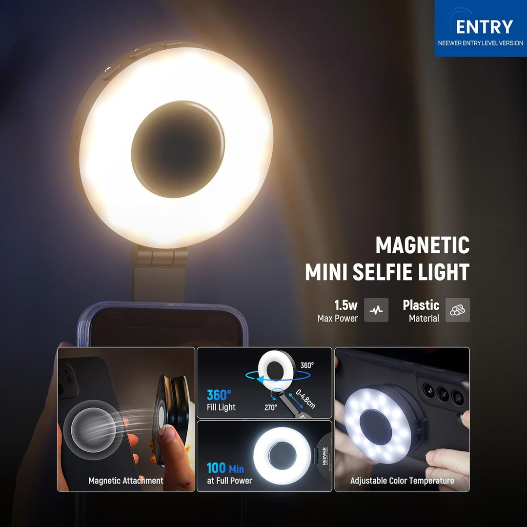 The Neewer Entry Level Magnetic Selfie Light (NL40R) is a compact, plastic MagSafe-compatible LED ring for iPhone, featuring 4 modes, 360° rotation, adjustable color temperature, CRI95+, 100-min runtime—ideal for video calls and makeup.
