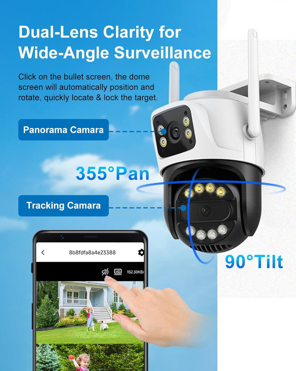 6MP WiFi Dual Lens Outdoor Security Camera Outdoor, Home Surveillance Camera, 2.4GHz Wireless, PTZ, 355°Pan, 90°Tilt, Human Detection & Auto Tracking, 2-Way Audio, IP66, Night Vision, 24/7 Recording