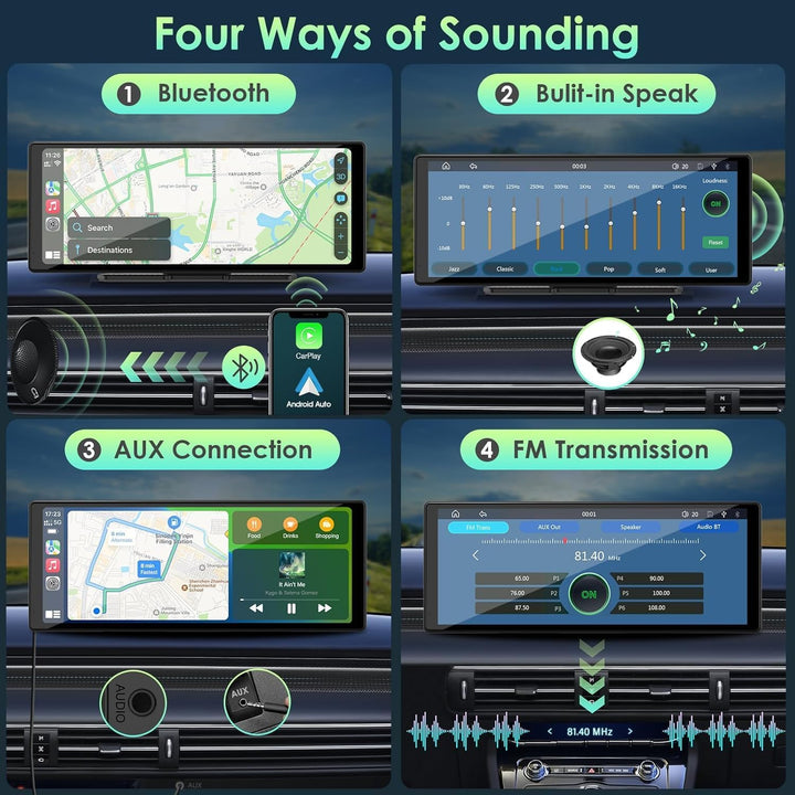 MobileTechnica’s 9.26-inch Wireless CarPlay Screen shows a dashboard graphic, “Four Ways of Sounding,” with clear icons for Bluetooth, Built-in Speaker, AUX Connection, and FM Transmission on vivid touchscreens.
