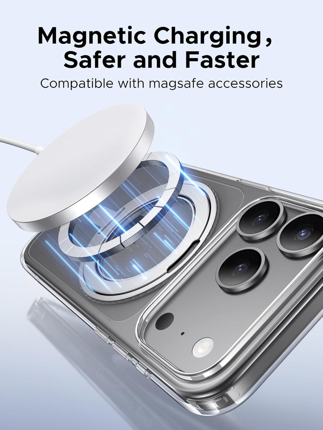 The UGREEN 360° Rotatable Magnetic Ring Case for iPhone 17 Pro Max enables secure, fast MagSafe charging. Blue lines show the charge in action. Text: “Magnetic Charging, Safer and Faster. Military-Grade Drop Defense.”.
