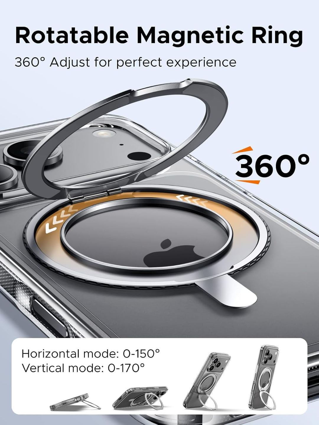 UGREEN 360° Rotatable Magnetic Ring Case for iPhone 17 Pro Max features a flexible MagSafe ring for adjustable viewing angles, MIL-grade drop defense, anti-scratch iCrystal tech, and camera protection. Highlight: “Rotatable Magnetic Ring.”.