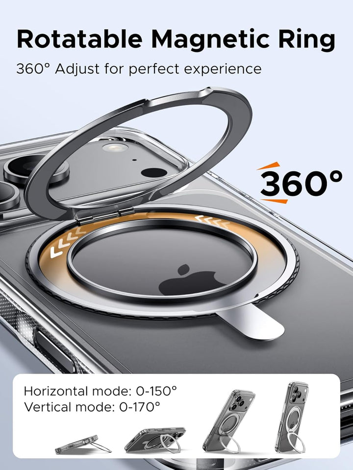 UGREEN 360° Rotatable Magnetic Ring Case for iPhone 17 Pro Max features a flexible MagSafe ring for adjustable viewing angles, MIL-grade drop defense, anti-scratch iCrystal tech, and camera protection. Highlight: “Rotatable Magnetic Ring.”.