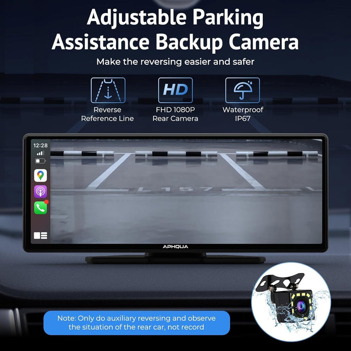 The MobileTechnica 9.26-inch Wireless CarPlay Screen displays a clear 1080P rear camera view with parking guidelines, reverse reference line, and IP67 waterproof rating—compatible with Apple CarPlay & Android Auto for all vehicles.