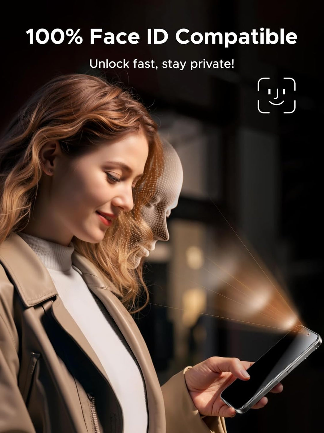 A woman holds an iPhone 17 Pro Max with digital facial recognition beams. Beside her, text reads: “UGREEN Privacy Screen Protector—100% Face ID Compatible for iPhone 17 Pro Max. Full coverage, anti-scratch, privacy angle.”.