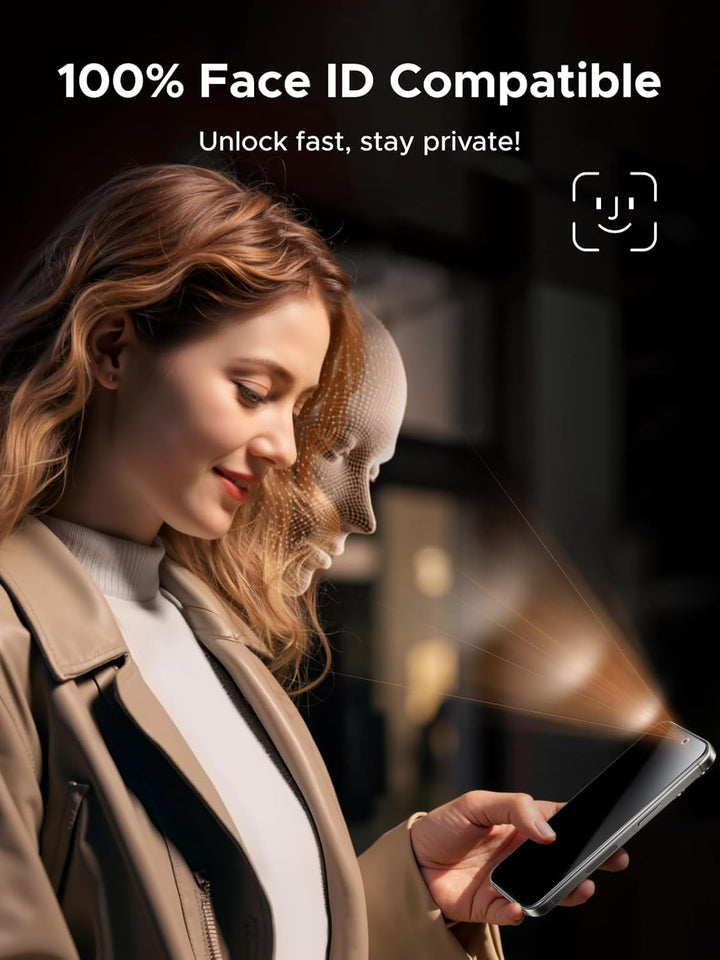 A woman in a tan coat uses her iPhone 17 Pro Max with UGREEN Privacy Screen Protector by MobileTechnica. Face ID beams scan her face. Text reads: “100% Face ID Compatible. Unlock fast, stay private!” with a digital face overlay and icon nearby.