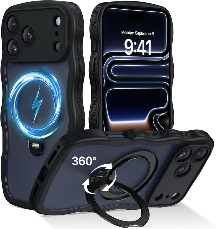 Telaso Case for iPhone 17 Pro Max, Compatible with Magsafe 360° Rotatable Ring Stand Wavy Frame Slim Translucent Matte Cover Magnetic Shockproof Skin-Friendly Phone Case for iPhone 17 Pro Max, Black