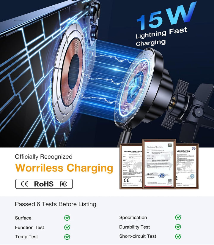A graphic shows an iPhone on the MobileTechnica for MagSafe Car Mount Charger with blue waves, highlighting 15W fast charging, certified safety, and “Worriless Charging.” Strong magnets and 360° rotation ensure secure mounting and easy use.