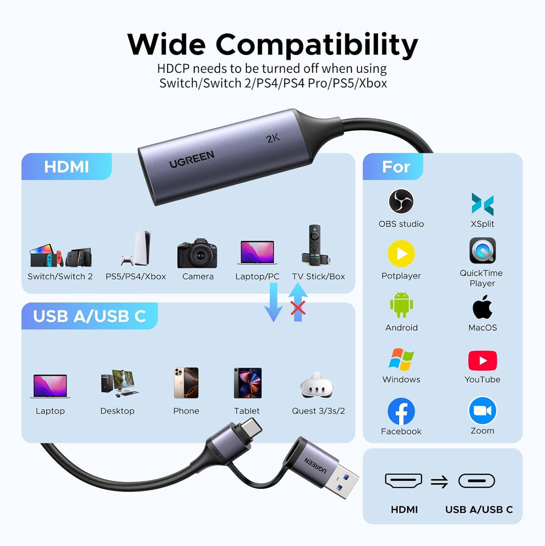 UGREEN 2K@30Hz Video Capture Card HDMI to USB 3.0 and USB C, Full HD 4K 30Hz Input with Low Latency for Capture Video and Audio Recording Compatible with Switch/Xbox/PS5/ TV Stick/PC/Camera
