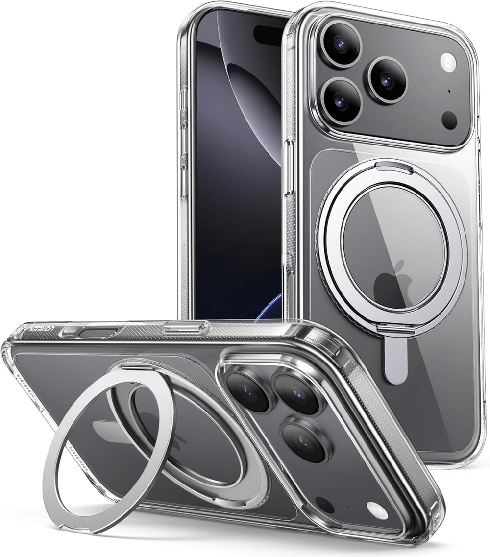 Two UGREEN 360° Rotatable Magnetic Ring Cases for iPhone 17 Pro Max in Black are shown—one upright to display its camera, the other flat with the ring extended. These MagSafe-compatible cases use iCrystal Tech and provide MIL-grade protection.
