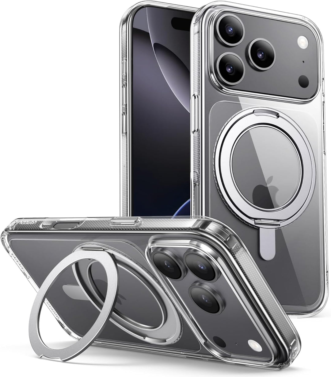 Two UGREEN 360° Rotatable Magnetic Ring Cases for iPhone 17 Pro Max in Black are shown—one upright to display its camera, the other flat with the ring extended. These MagSafe-compatible cases use iCrystal Tech and provide MIL-grade protection.