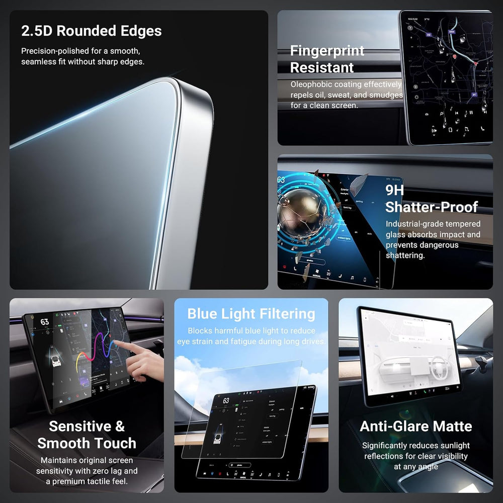 A carousel promo highlights the MobileTechnica Tesla Model Y Juniper 2025-2026 Matte Tempered Glass Screen Protector 2-pack, featuring 2.5D edges, fingerprint resistance, 9H shatter-proof glass, blue light filtering, anti-glare, and smooth touch.