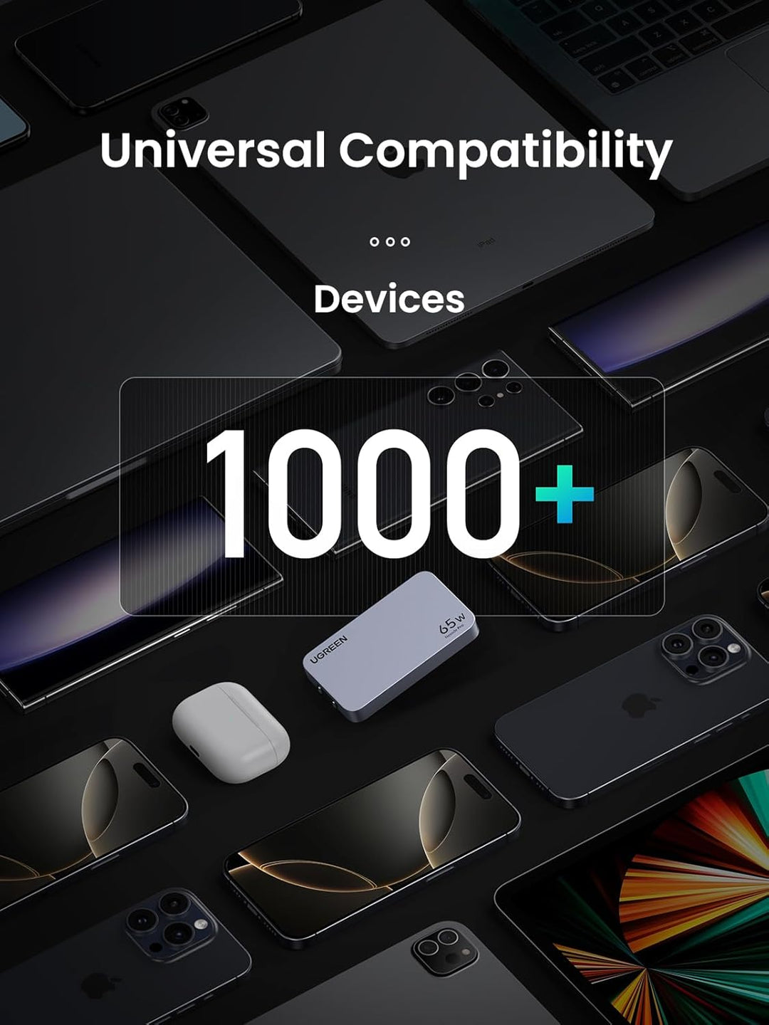 A range of devices is displayed on a black surface. The UGREEN 65W Travel Charger, an ultra-slim USB-C GaN adapter with 3 ports and global plugs, fast charges iPhone 16 Pro Max, MacBook Pro, Galaxy S25 Ultra, Pixel 9, and more.