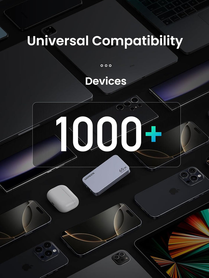 A range of devices is displayed on a black surface. The UGREEN 65W Travel Charger, an ultra-slim USB-C GaN adapter with 3 ports and global plugs, fast charges iPhone 16 Pro Max, MacBook Pro, Galaxy S25 Ultra, Pixel 9, and more.
