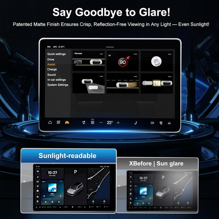 A digital ad features MobileTechnica’s Tesla Model Y Juniper 2025-2026 Tempered Glass Screen Protector Matte 2-pack, comparing crisp, glare-free dashboard visuals in sunlight vs. sun glare to highlight its anti-glare technology.