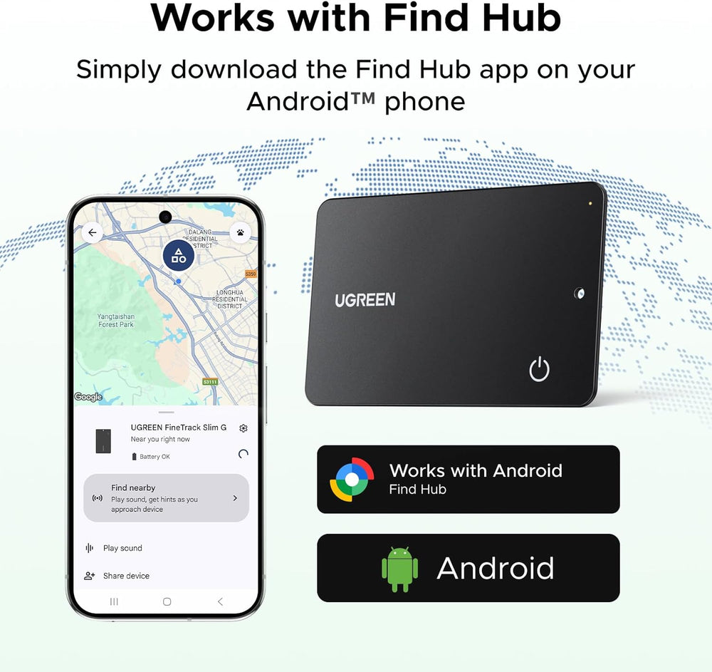UGREEN FineTrack Slim Smart G Bluetooth Tracker (Android Only), 5 Year Battery Life Google Smart Tracking Tag Work with Find Hub App, IP68 Waterproof Wallet Finder for Android 1.7mm Ultra-Slim