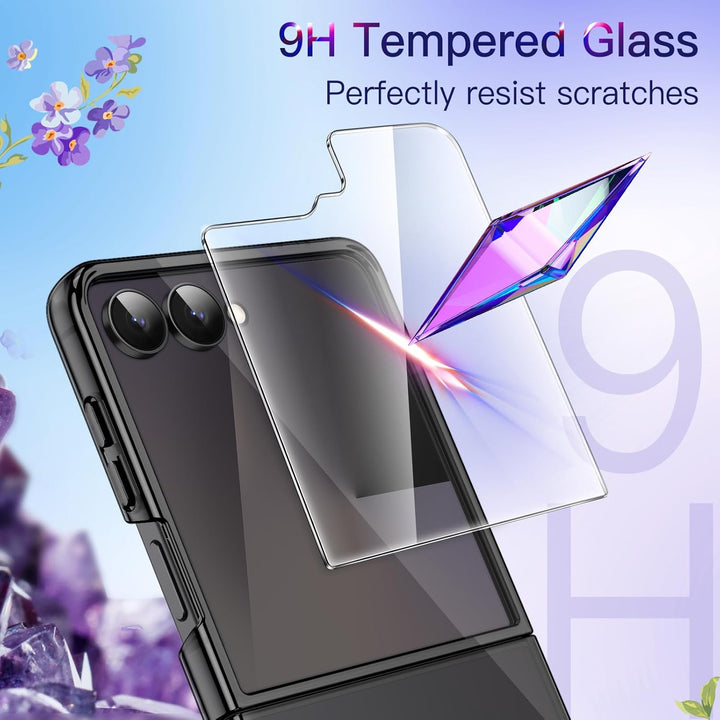 Samsung Galaxy Z Flip 7 Case with 2-Pack Tempered Glass Front Screen Protector, Crystal Clear, Anti-Scratch Transparent Hard PC Shell, Protective Phone Cover (Black)