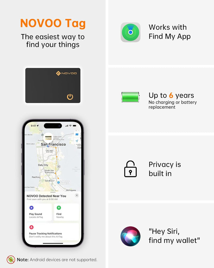 NOVOO Ultra-Slim Smart Card Bluetooth Tracker, 1.6mm Thin with 6-Year Battery, IP68 Waterproof GPS Item Finder, Apple Find My Compatible (iOS Only) Air Locator Tag for Wallet, Keys, Luggage, Passport