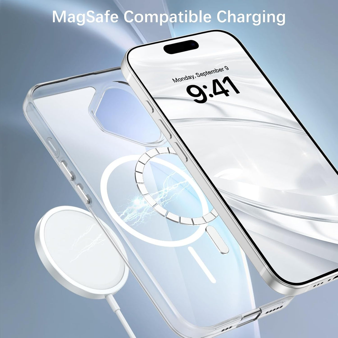 The MobileTechnica iPhone 16 Clear Case Ultra Thin is shown on a phone with a visible MagSafe ring, illustrating drop protection. A MagSafe charger and energy effect suggest charging, with the text: "MagSafe Compatible Charging.