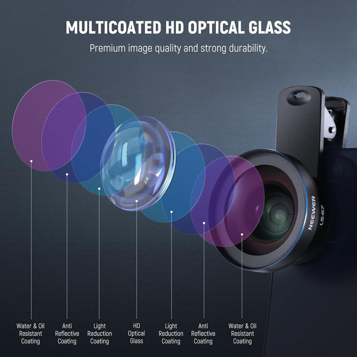 A diagram displays the NEEWER Basics 2 in 1 Phone Camera Lens Accessories Kit’s six-layer lens, including Water & Oil Resistant Coating and HD Optical Glass. Text: “MULTICOATED HD OPTICAL GLASS.” Compatible with most smartphones.