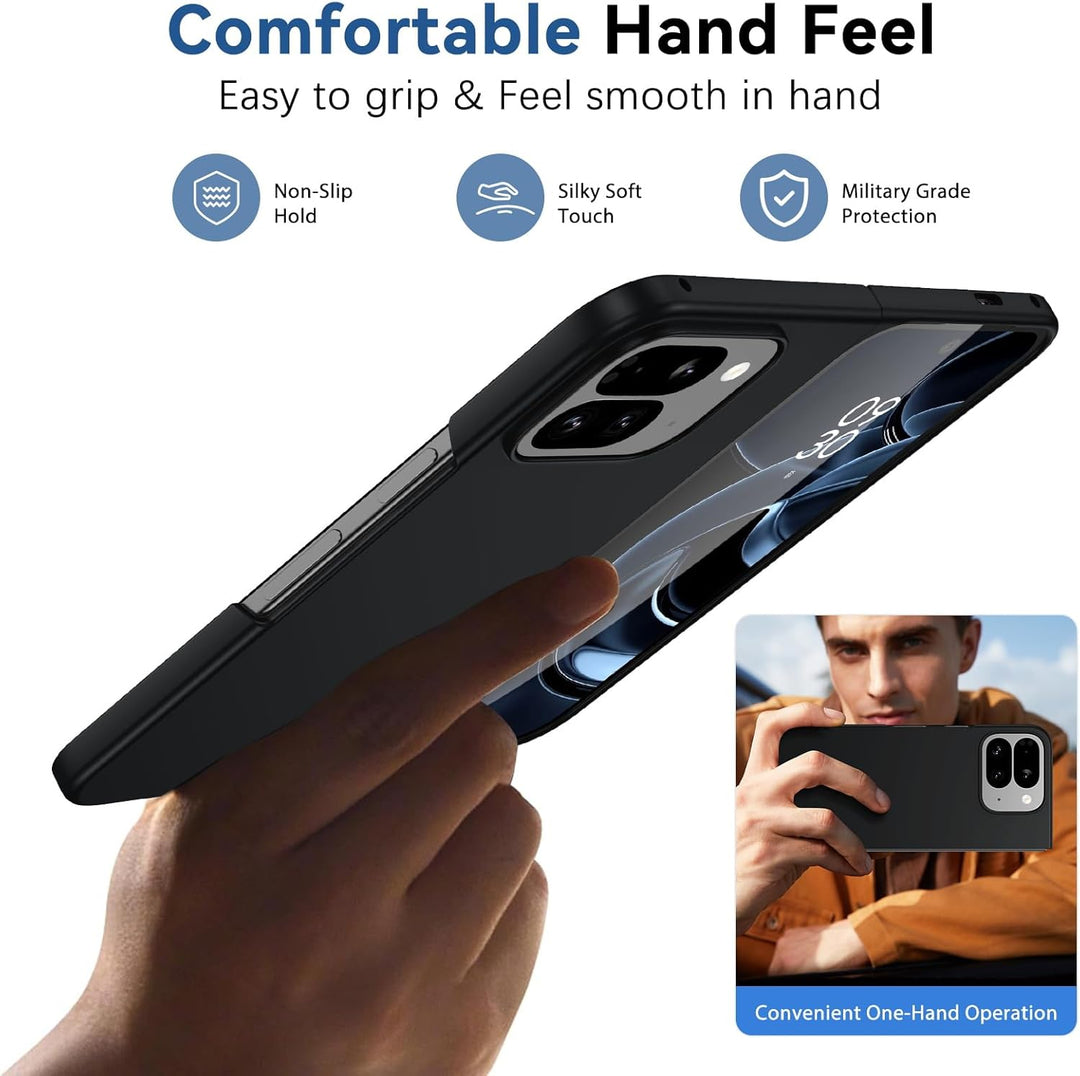 A hand holds the MobileTechnica DUEDUE Black Case for Google Pixel 10 Pro Fold, featuring a smooth matte finish, non-slip grip, silky touch, and military-grade protection. Inset highlights one-handed use. Text: “Comfortable Hand Feel.”.