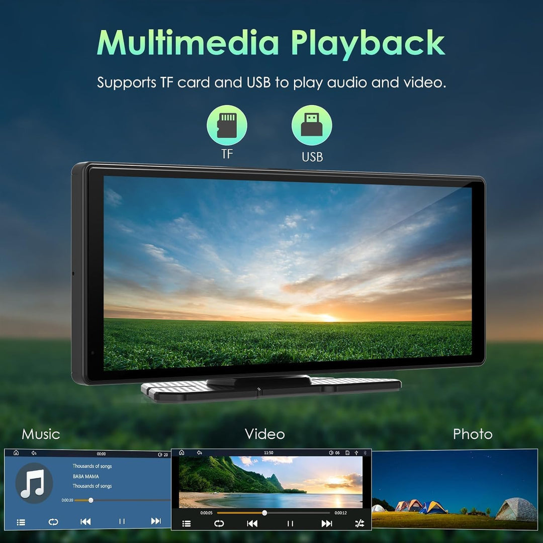 A 9.26-inch MobileTechnica wireless CarPlay screen displays a sunset with “Multimedia Playback” text, highlighting TF card and USB support. A remote control is in front, showcasing the portable stereo for Apple CarPlay and Android Auto.