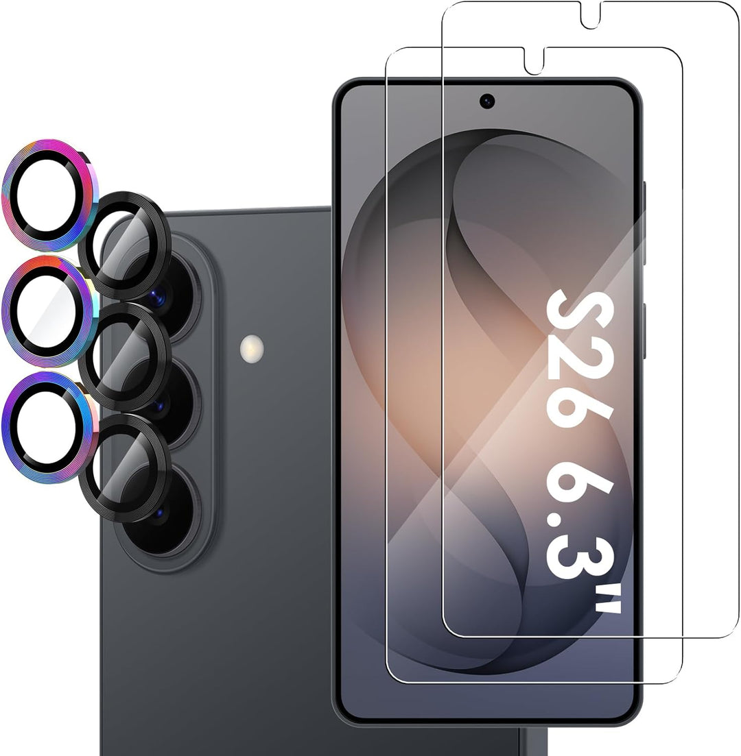 Simpeak 2-Pack Glass Screen Protector Compatible with Samsung Galaxy S26 6.3" 2026 + 2-Pack Camera Lens Protector for S26 6.3 Only, Full Coverage, Anti-Scratch & Anti-Fingerprint, 9H Hardness