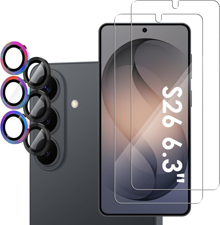 Simpeak 2-Pack Glass Screen Protector Compatible with Samsung Galaxy S26 6.3" 2026 + 2-Pack Camera Lens Protector for S26 6.3 Only, Full Coverage, Anti-Scratch & Anti-Fingerprint, 9H Hardness
