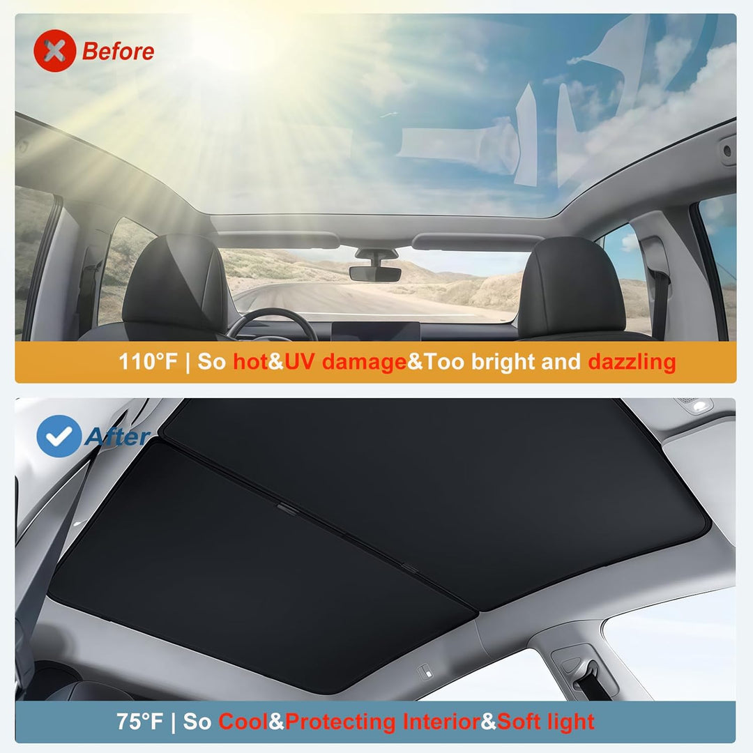 Split image of a Tesla Model Y roof: Top ("Before") shows glaring sunlight and 110°F. Bottom ("After") with MobileTechnica Sunshade Roof Cover for 2025/2026 blocks glare—soft shade, cooler at 75°F. Fits Juniper panoramic sunroof, set of 2 (Black).