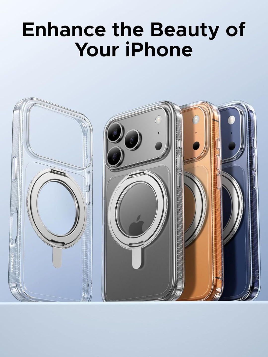 Four iPhones, including an iPhone 17 Pro Max, display the UGREEN MagU Series 360° Rotatable Magnetic Ring Case in black with iCrystal Tech. The MIL-Grade protective MagSafe cover highlights camera protection and anti-scratch features.