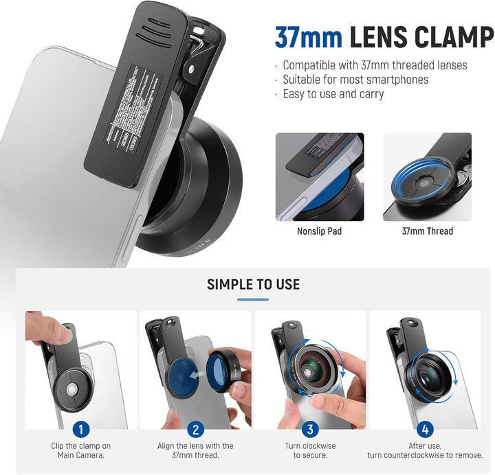 An instructional image for the NEEWER Basics 2 in 1 Phone Camera Lens Kit shows a black Neewer 37mm clamp on a phone, highlighting the nonslip pad, thread, and four steps to attach/remove the HD wide angle or macro lens to your smartphone.