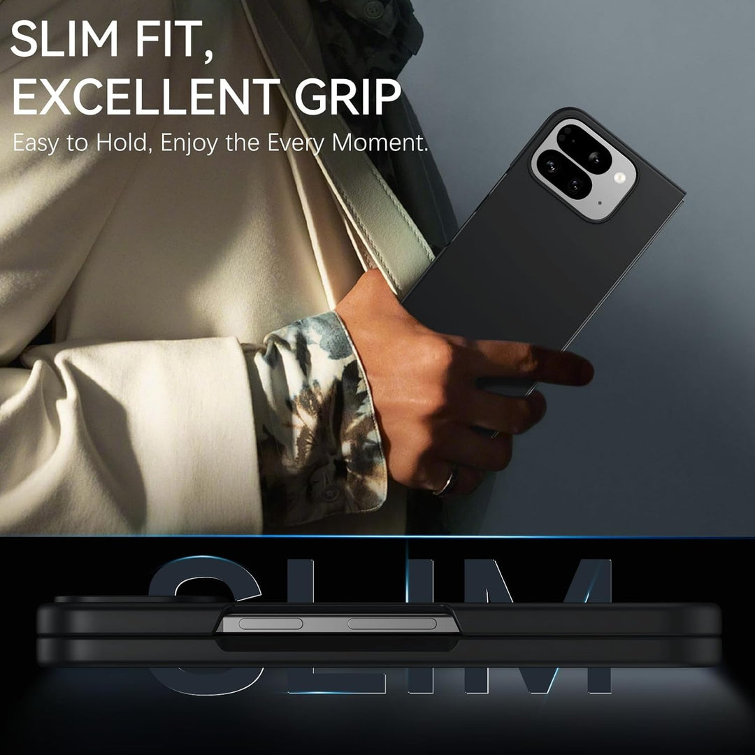 A person in a beige coat holds the MobileTechnica DUEDUE Case for Google Pixel 10 Pro Fold (Black), featuring military-grade protection and slim, shockproof design. Text reads, "SLIM FIT, EXCELLENT GRIP. Easy to Hold, Enjoy Every Moment.