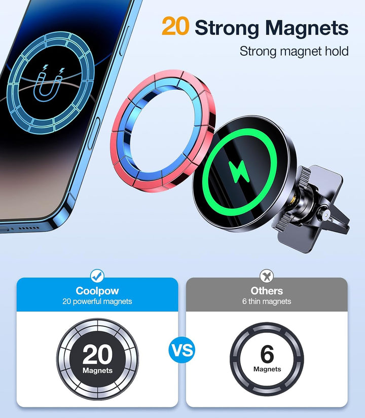 The MobileTechnica for MagSafe Car Mount Charger features 20 strong magnets for a secure hold, outperforming others with just 6 magnets; enjoy 15W fast wireless charging and 360° rotation for your iPhone.
