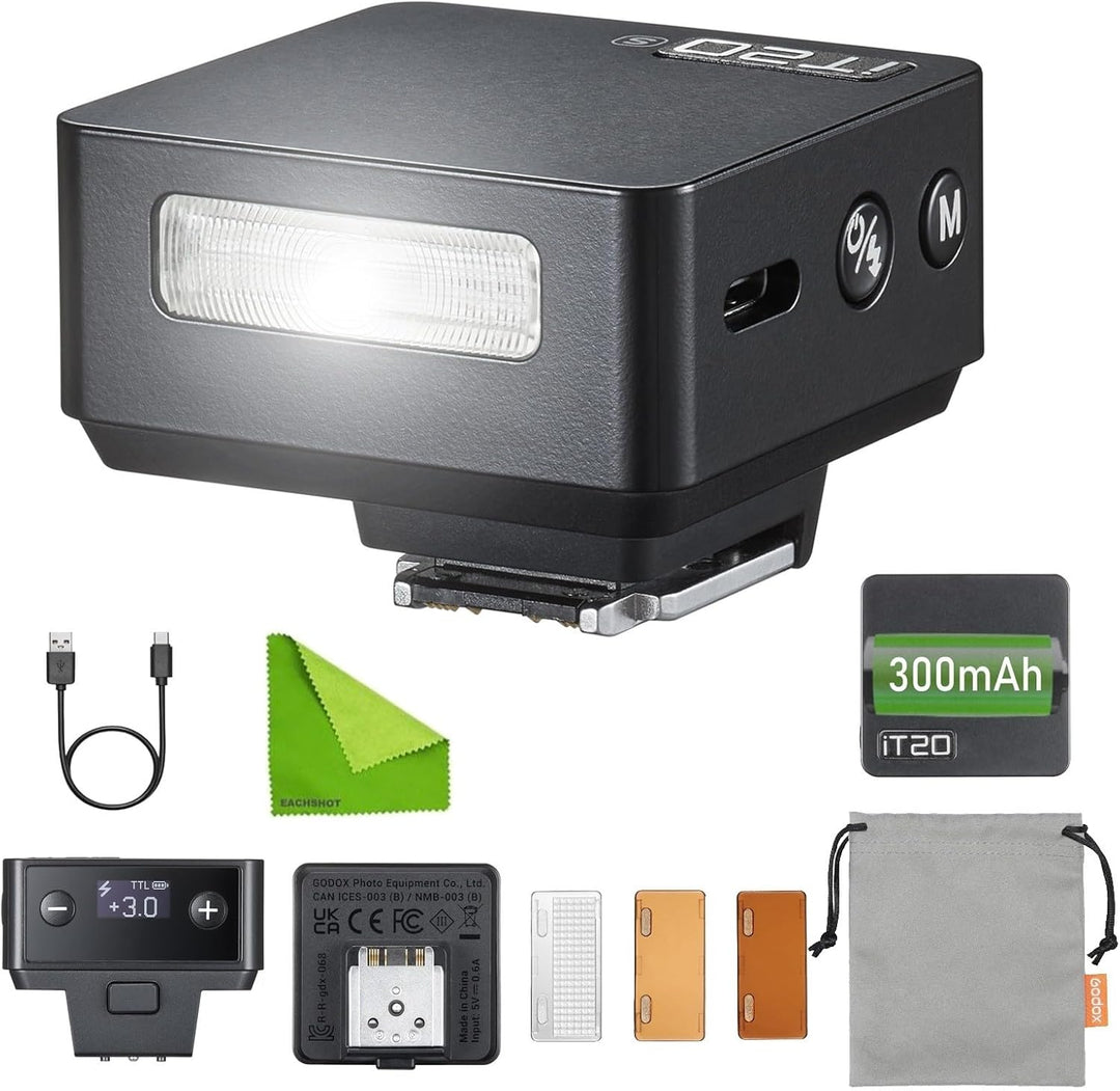 The Godox Flash iT20 S IT20S TTL Mini Flash Light for Sony Camera by MobileTechnica in black is shown with USB-C cable, green cleaning cloth, 300mAh battery, diffuser covers, manual, pouch, and a rear view of control buttons and ports.