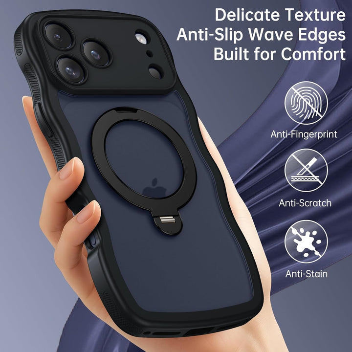Telaso Case for iPhone 17 Pro Max, Compatible with Magsafe 360° Rotatable Ring Stand Wavy Frame Slim Translucent Matte Cover Magnetic Shockproof Skin-Friendly Phone Case for iPhone 17 Pro Max, Black