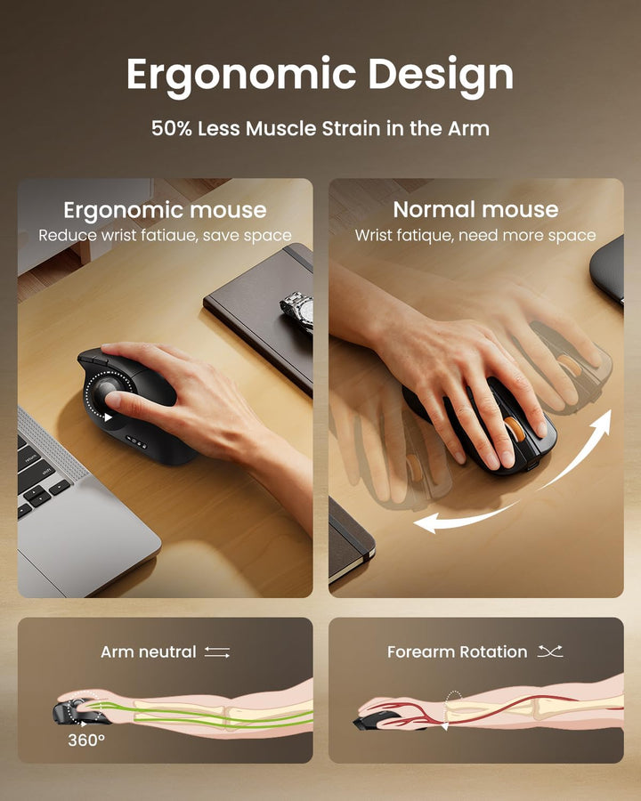 ProtoArc Wireless Trackball Mouse, EM02 Bluetooth Ergonomic Rechargeable Computer Ball Mouse, Adjustable Angle & 3 Device Connection, Thumb Control and Smooth Tracking for Laptop, PC, Mac-Gray