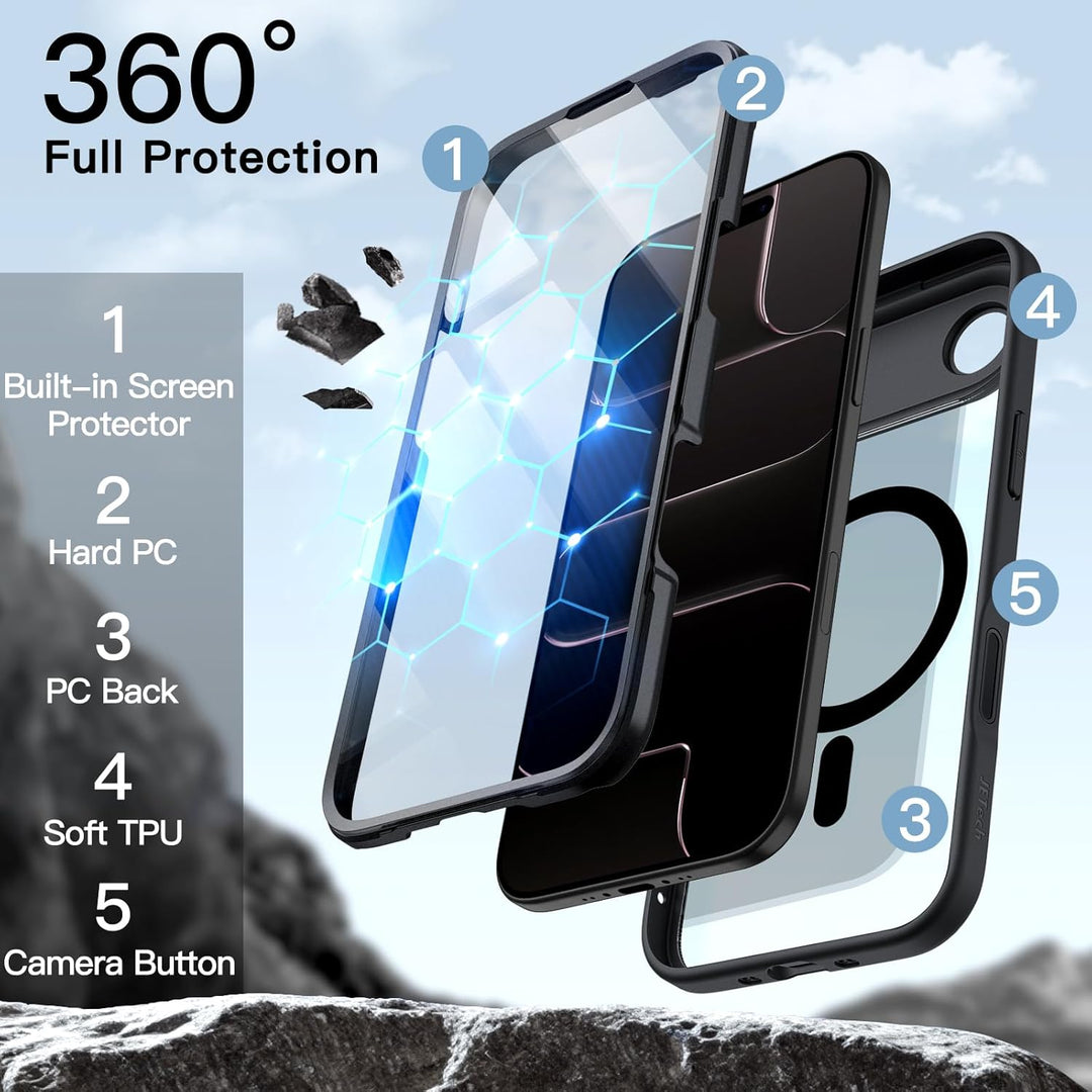 JETech Case for iPhone 17 Air with Built-in Tempered Glass Screen Protector and Camera Control Button, Compatible with MagSafe, 360 Degree Full Body Cover, 6.5-Inch Display (Black)