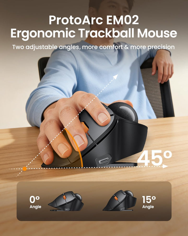 ProtoArc Wireless Trackball Mouse, EM02 Bluetooth Ergonomic Rechargeable Computer Ball Mouse, Adjustable Angle & 3 Device Connection, Thumb Control and Smooth Tracking for Laptop, PC, Mac-Gray