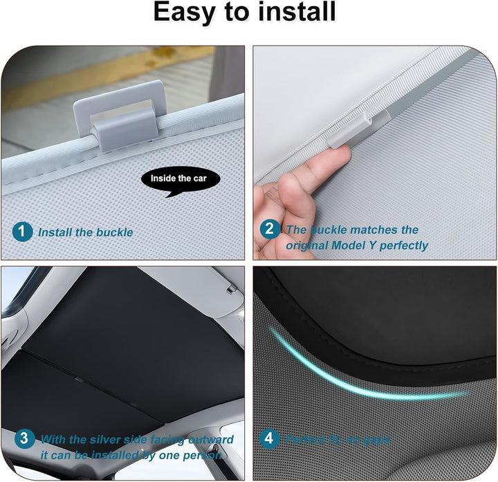 Installation guide for MobileTechnica Tesla Model Y Sunshade Roof Cover (2PCS, Black): 1. Clip white buckle inside. 2. Ensure it matches interior. 3. Place sunshade on window, silver side up. 4. Check snug fit and light blue edge accent.