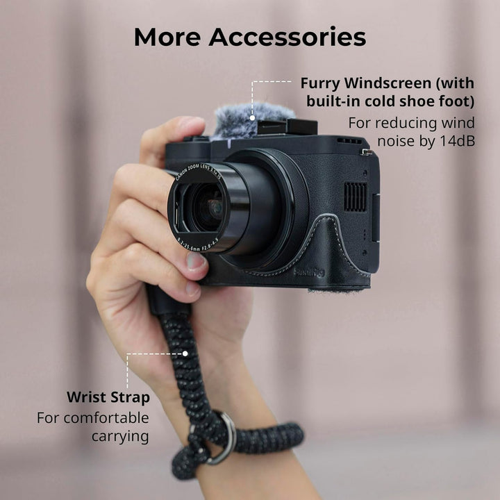 SmallRig Leather Case Kit for Canon PowerShot V1, Including Half Leather Case, Flip Case Cover, Wrist Strap & Furry Windscreen, Portable and Protecting (Black) -5386