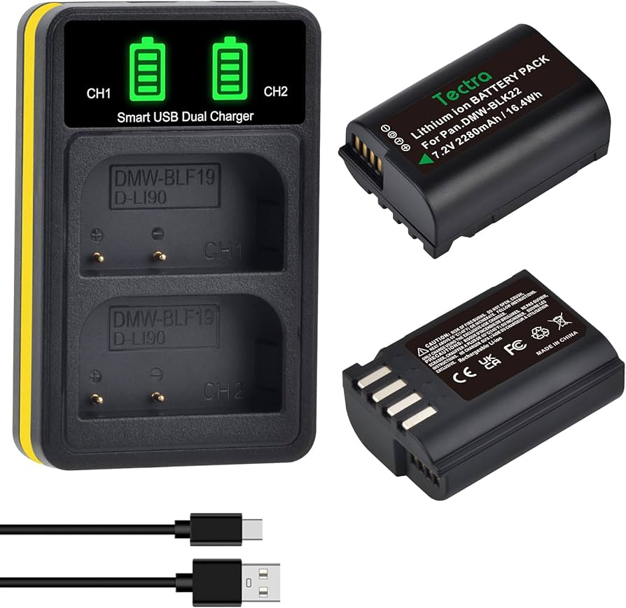 The MobileTechnica DMW-BLK22 Battery Panasonic S5ii set includes a dual charger, two replacement batteries (DMW-BLF19 & DMW-BLK22), and a USB cable, with green indicator lights, all displayed on a white background.