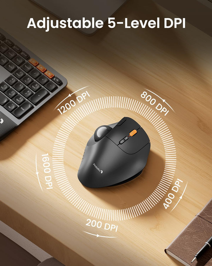 ProtoArc Wireless Trackball Mouse, EM02 Bluetooth Ergonomic Rechargeable Computer Ball Mouse, Adjustable Angle & 3 Device Connection, Thumb Control and Smooth Tracking for Laptop, PC, Mac-Gray