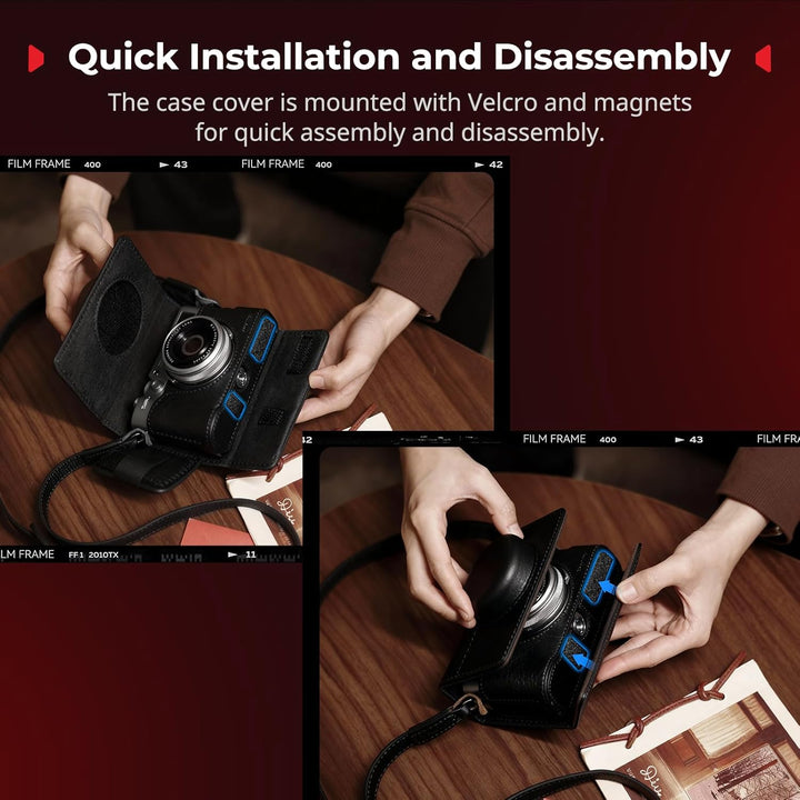 A person shows how to attach and remove the SMALLRIG Leather Case Kit for FUJIFILM X100VI by MobileTechnica—featuring a black leather half case with flip cover and shoulder strap—on a camera. Text reads, "Quick Installation and Disassembly.