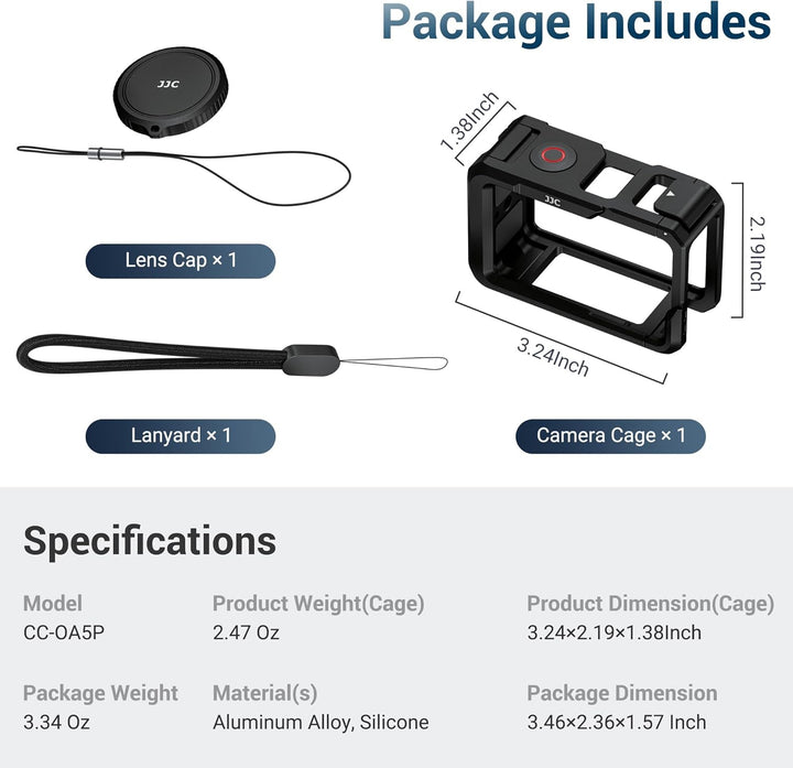 JJC Camera Cage for DJI Osmo Action 5 Pro 4 3, Aluminum Protective Frame with Cold Shoe, 1/4" Thread Hole, Metal Lens Cap & Lanyard, Housing Camera Expansion Protector Not Interfere with Battery Cap