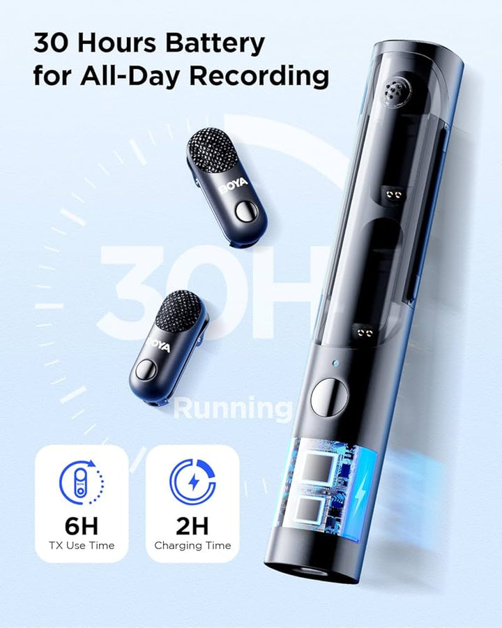 The BOYA Wireless Lavalier Microphone-05 by Boya features two compact black mics and a stylish charging case. Text highlights “30 Hours Battery for All-Day Recording,” with blue icons showcasing USB-C fast charging and battery life.