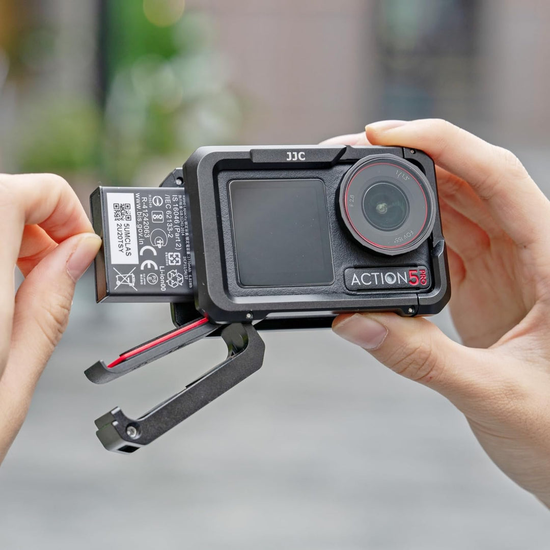 JJC Camera Cage for DJI Osmo Action 5 Pro 4 3, Aluminum Protective Frame with Cold Shoe, 1/4" Thread Hole, Metal Lens Cap & Lanyard, Housing Camera Expansion Protector Not Interfere with Battery Cap