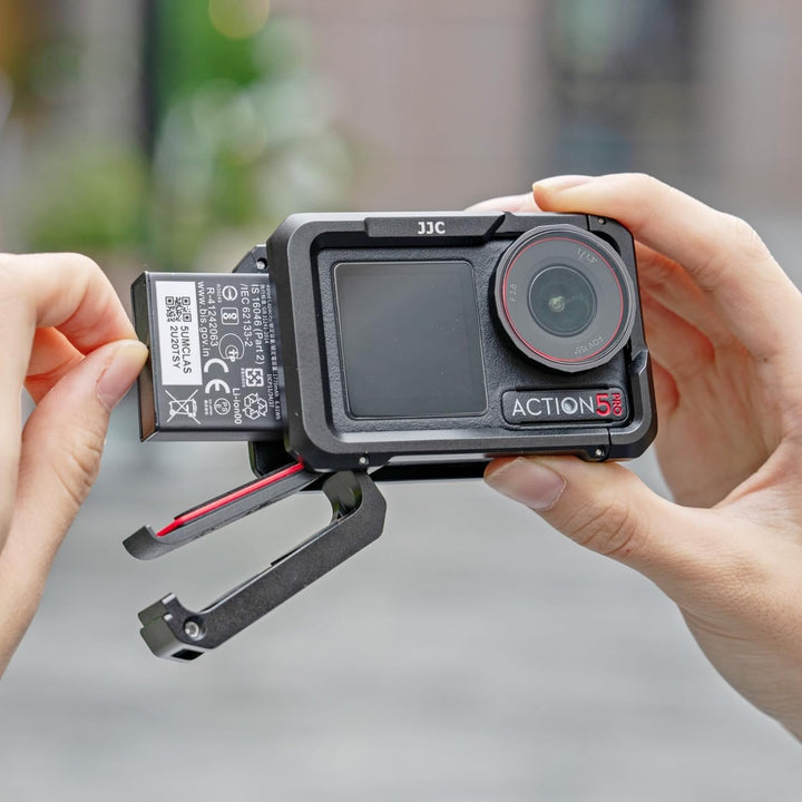 JJC Camera Cage for DJI Osmo Action 5 Pro 4 3, Aluminum Protective Frame with Cold Shoe, 1/4" Thread Hole, Metal Lens Cap & Lanyard, Housing Camera Expansion Protector Not Interfere with Battery Cap
